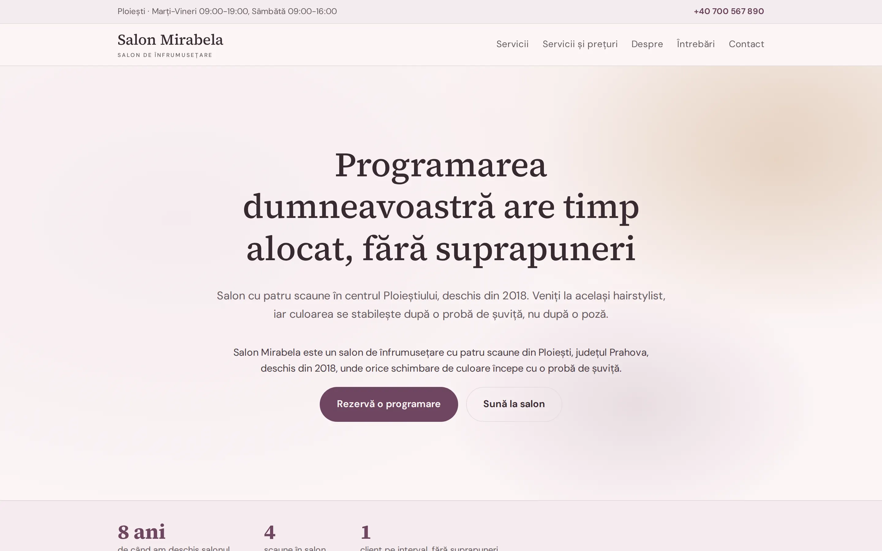 Pagina de start a site-ului Salon Mirabela, salon de înfrumuseţare din Ploieşti